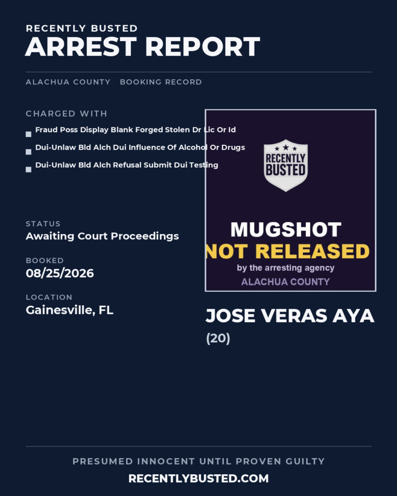 Jose Veras Aya — arrest record card, Alachua County, Florida