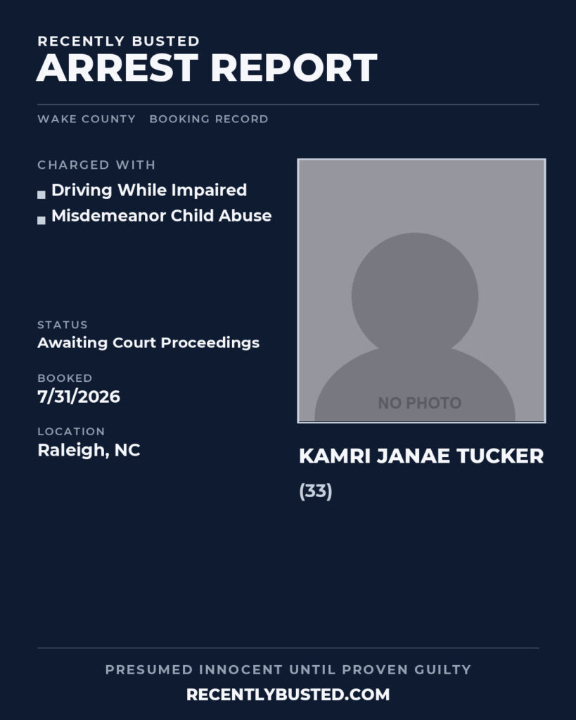 KAMRI JANAE TUCKER — arrest record card, Wake County, North Carolina