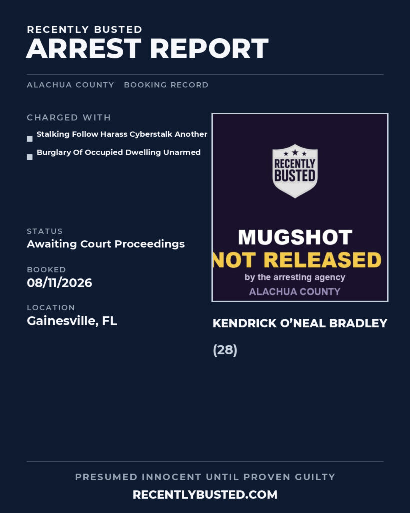 Kendrick O’Neal Bradley — arrest record card, Alachua County, Florida