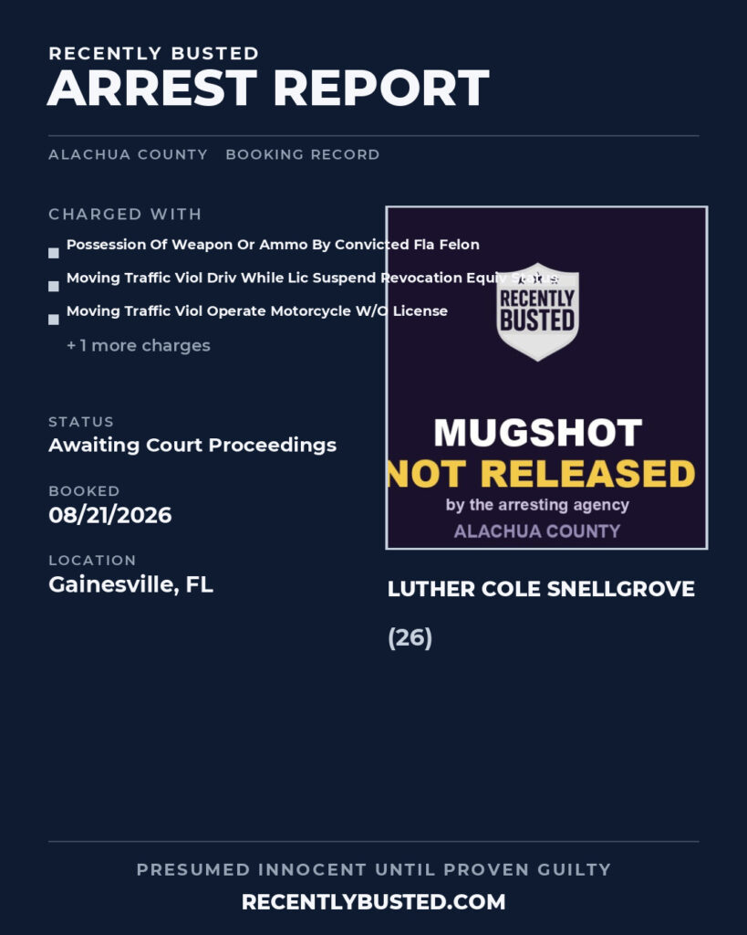 Luther Cole Snellgrove — arrest record card, Alachua County, Florida