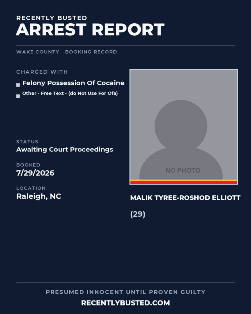 MALIK TYREE-ROSHOD ELLIOTT — arrest record card, Wake County, North Carolina