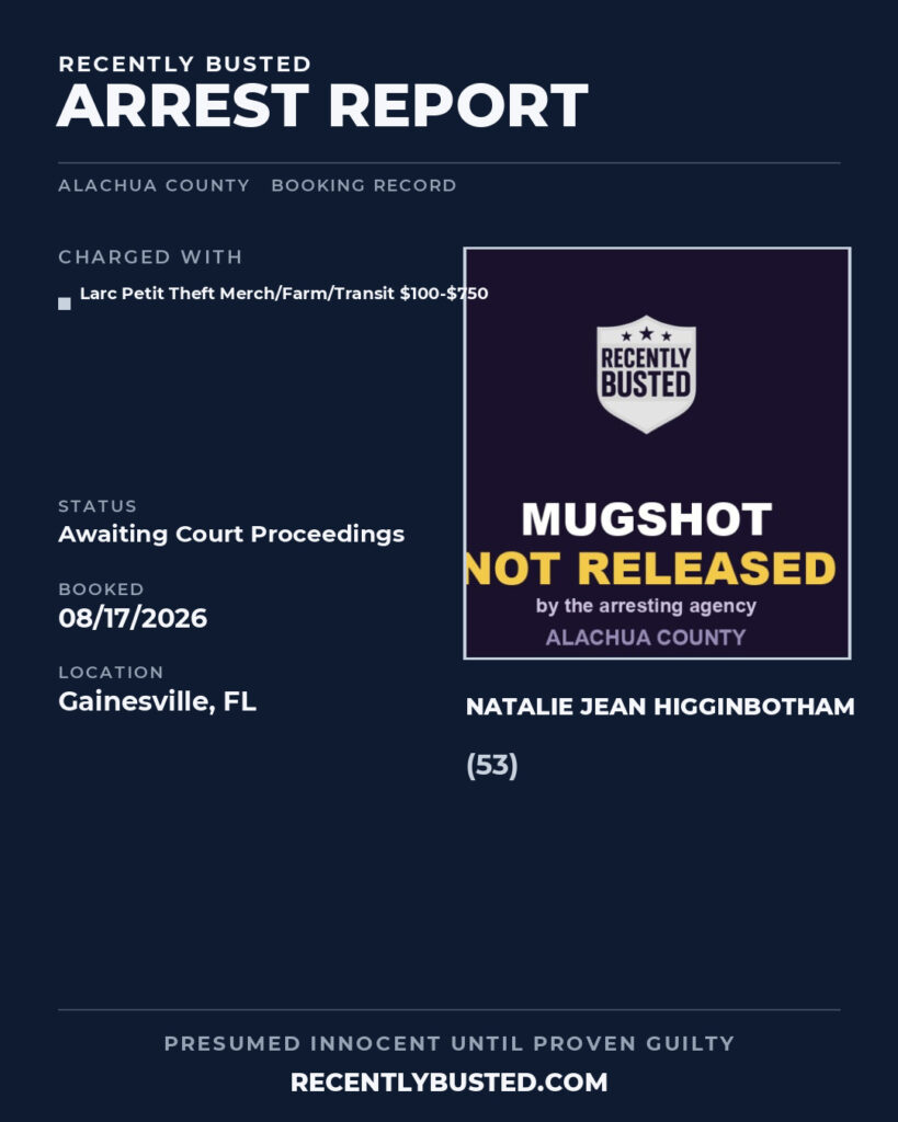 Natalie Jean Higginbotham — arrest record card, Alachua County, Florida
