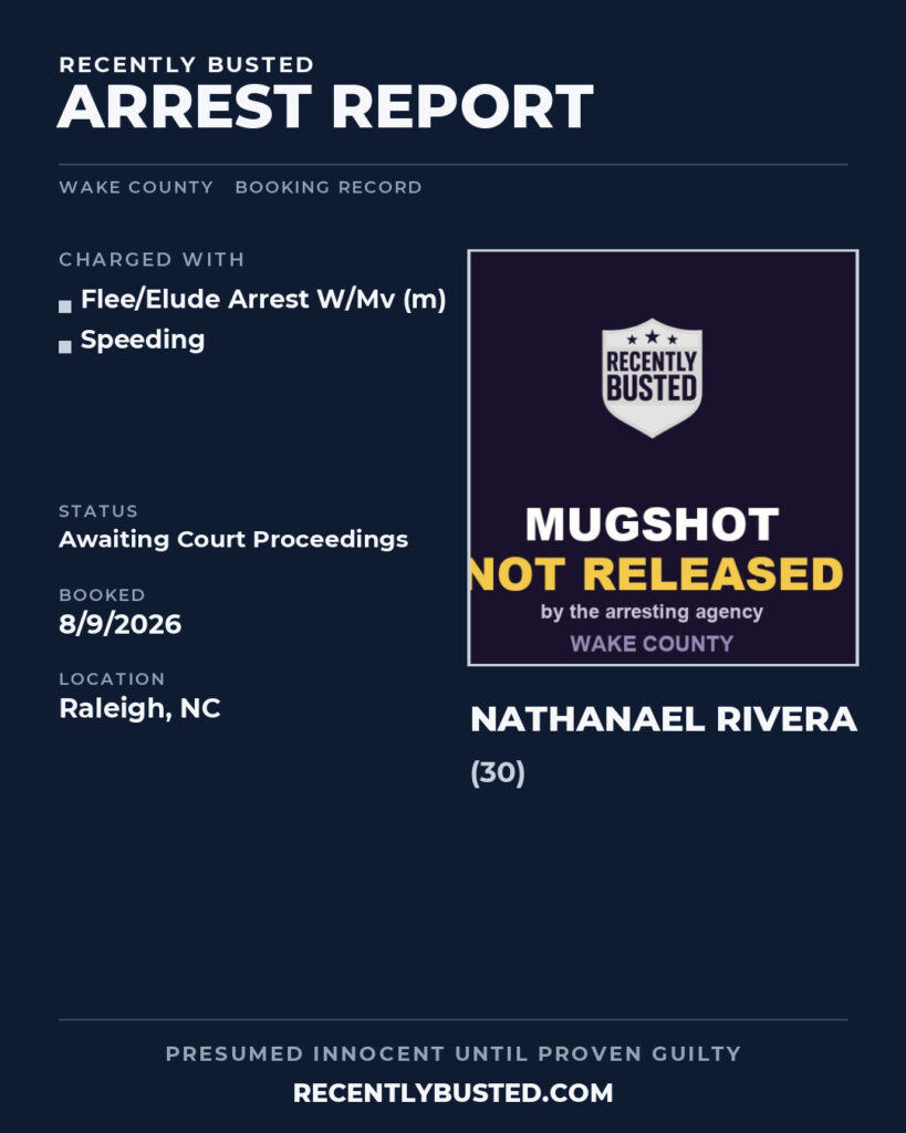 NATHANAEL RIVERA — arrest record card, Wake County, North Carolina