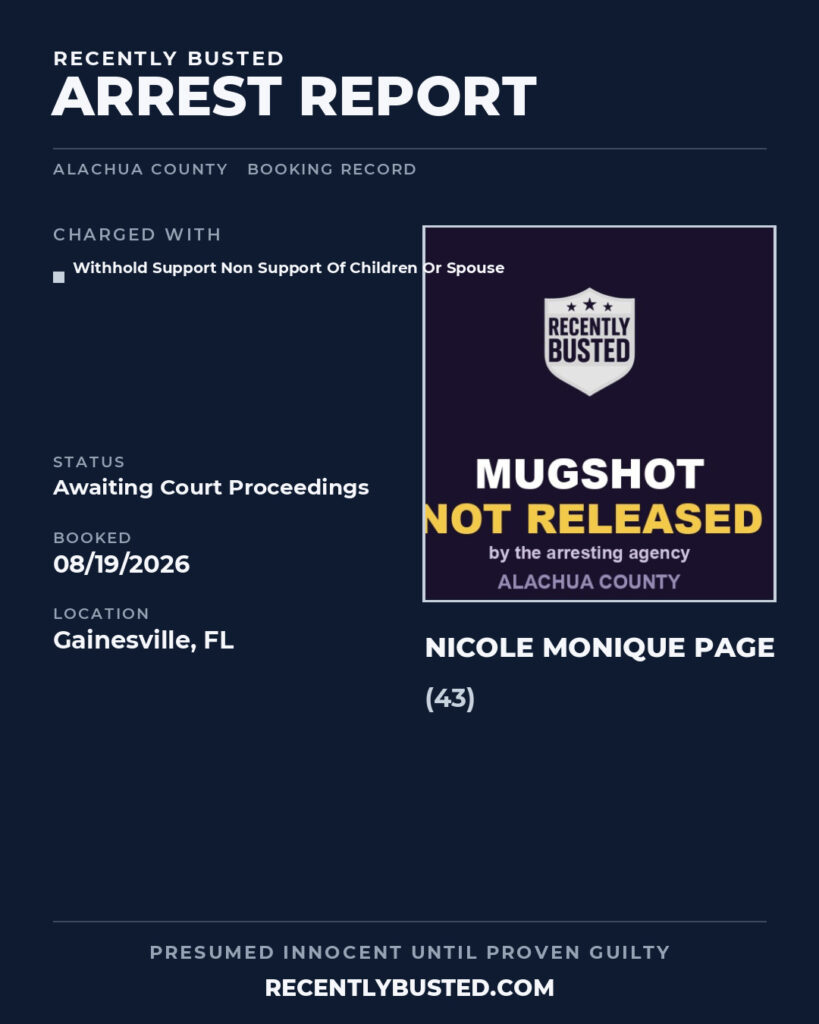 Nicole Monique Page — arrest record card, Alachua County, Florida