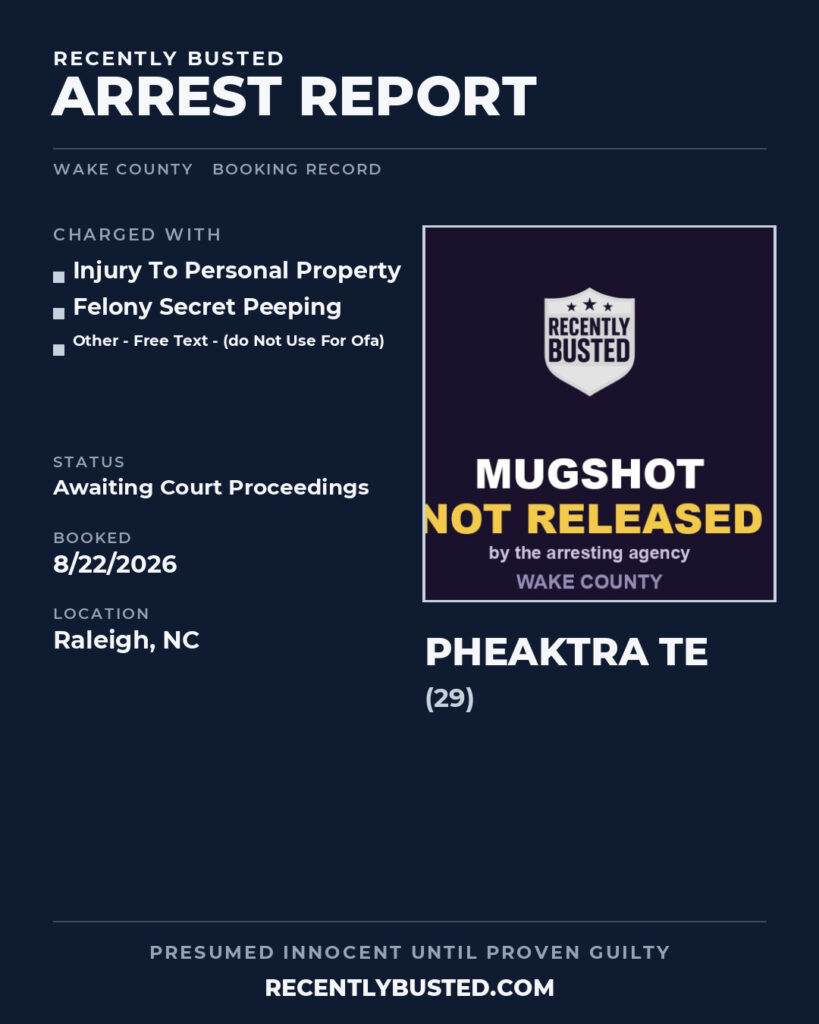 PHEAKTRA TE — arrest record card, Wake County, North Carolina