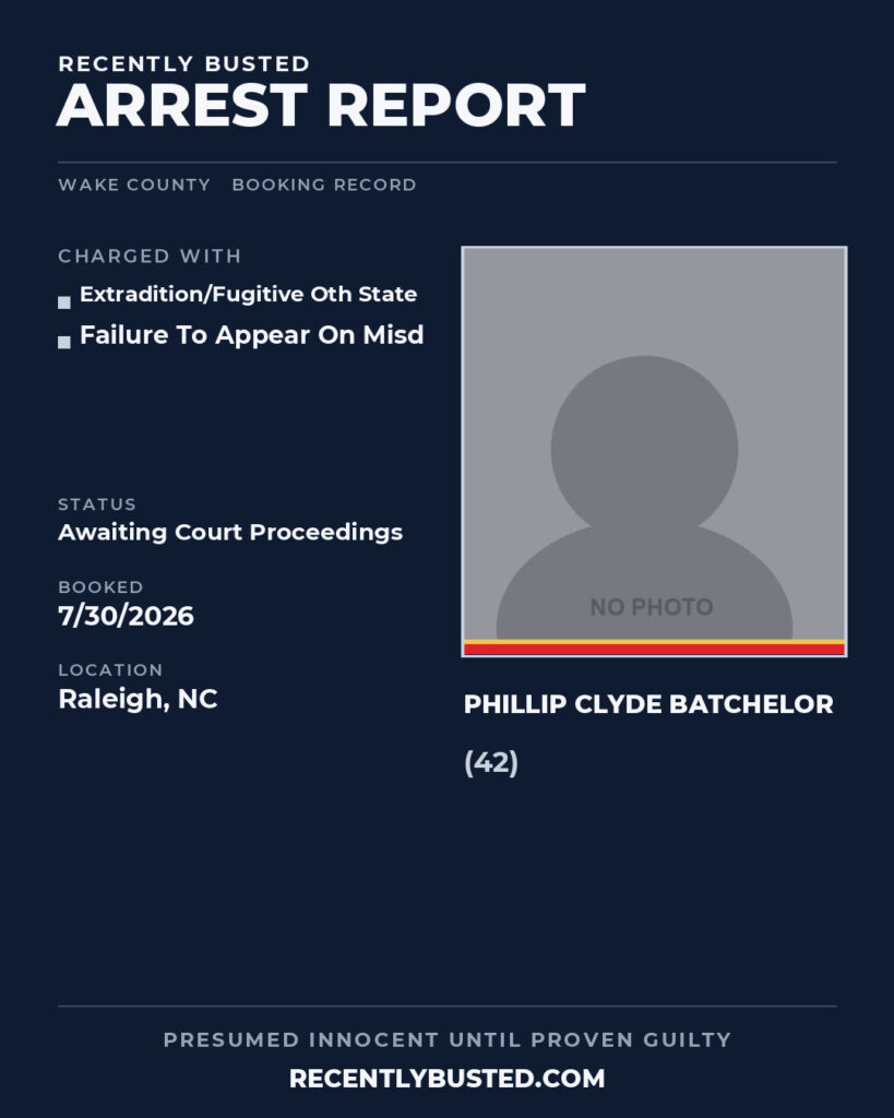 PHILLIP CLYDE BATCHELOR — arrest record card, Wake County, North Carolina