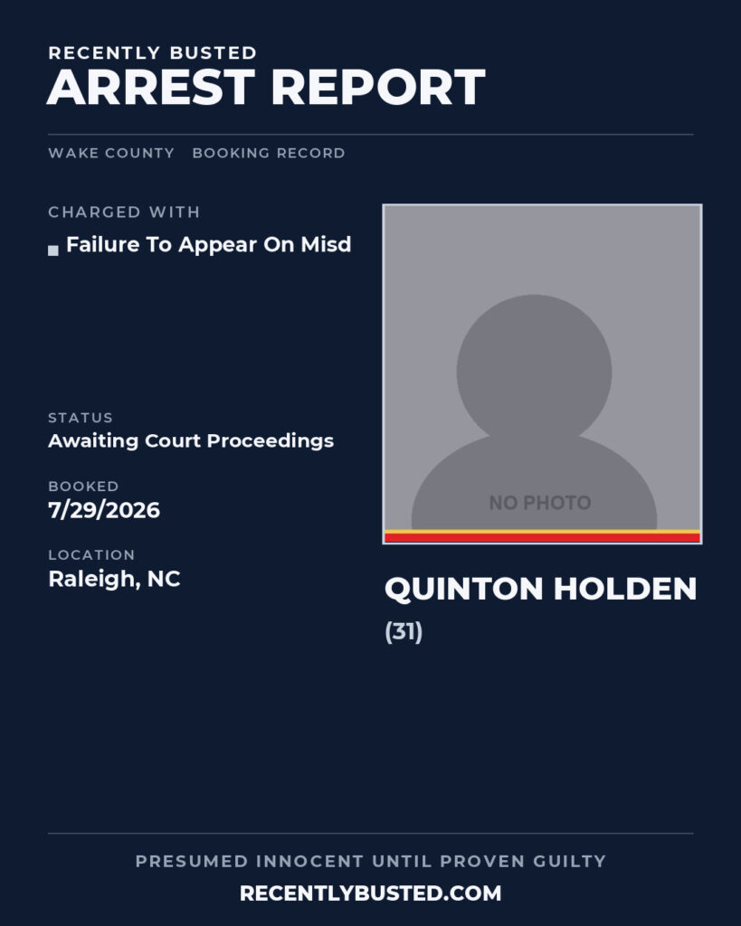 QUINTON HOLDEN — arrest record card, Wake County, North Carolina