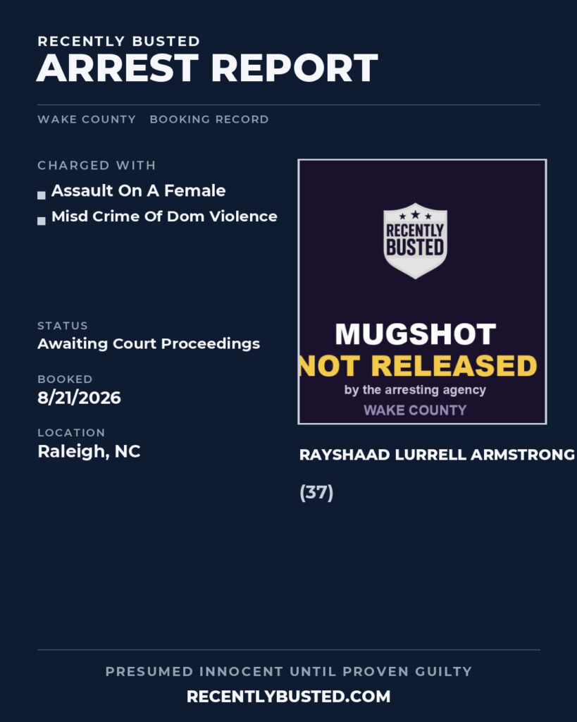 RAYSHAAD LURRELL ARMSTRONG — arrest record card, Wake County, North Carolina