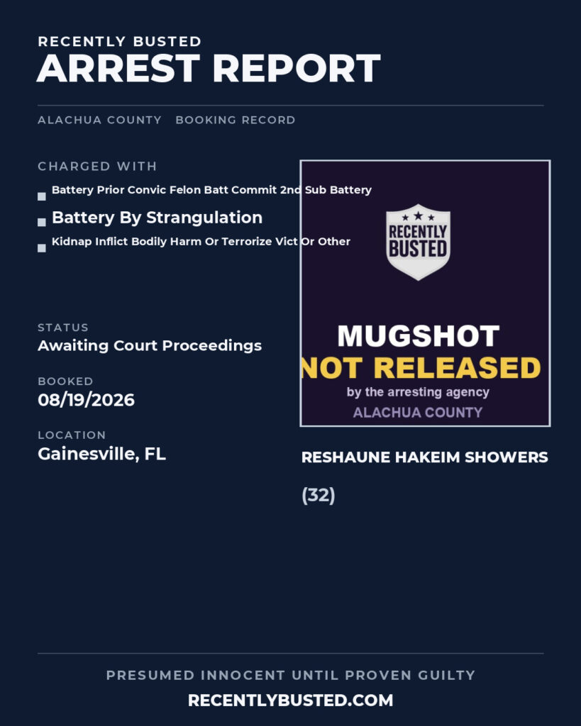 Reshaune Hakeim Showers — arrest record card, Alachua County, Florida