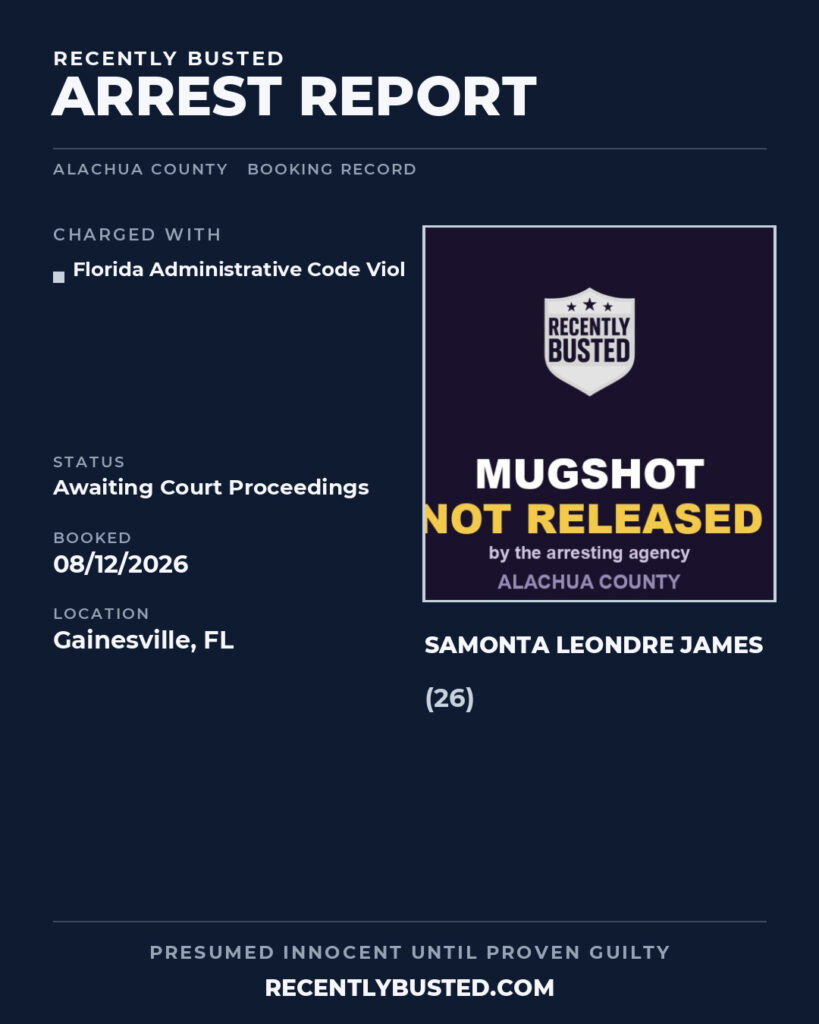 Samonta Leondre James — arrest record card, Alachua County, Florida