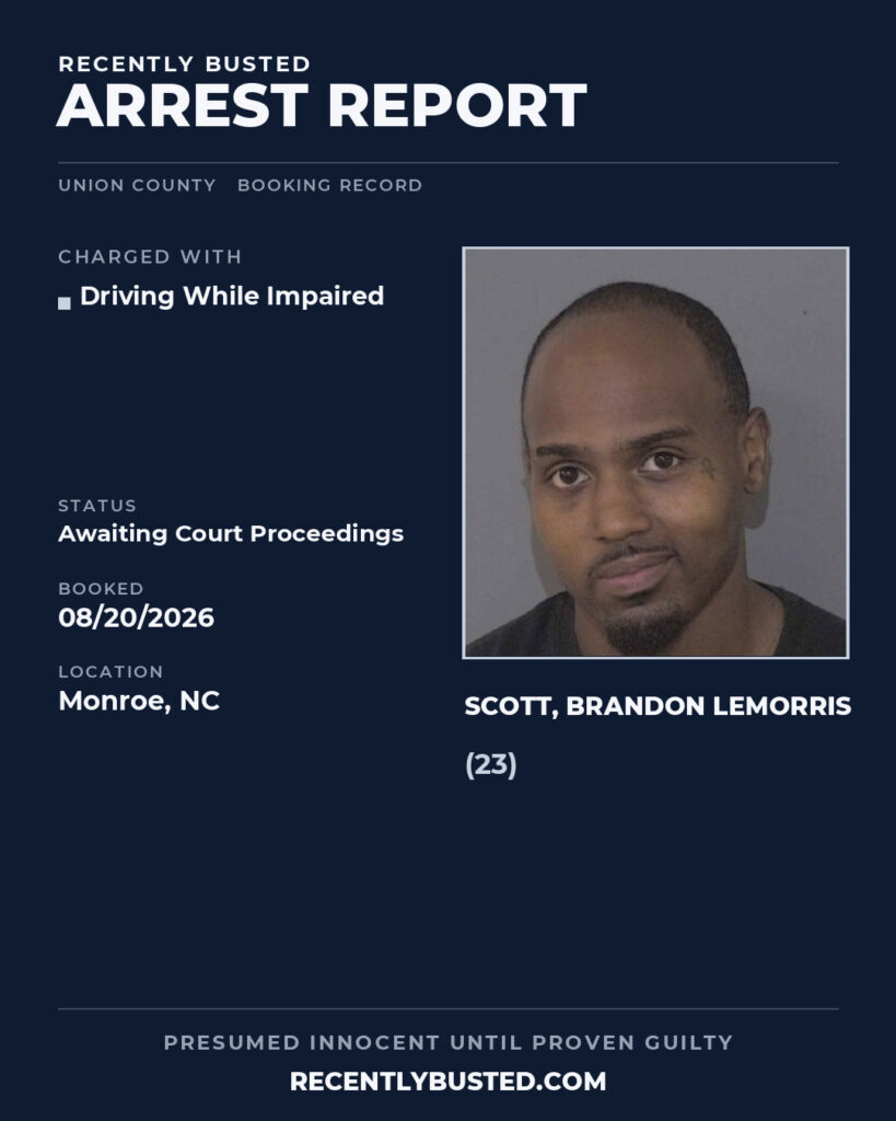 SCOTT, BRANDON LEMORRIS — arrest record card, Union County, North Carolina