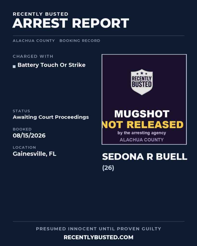 Sedona R Buell — arrest record card, Alachua County, Florida