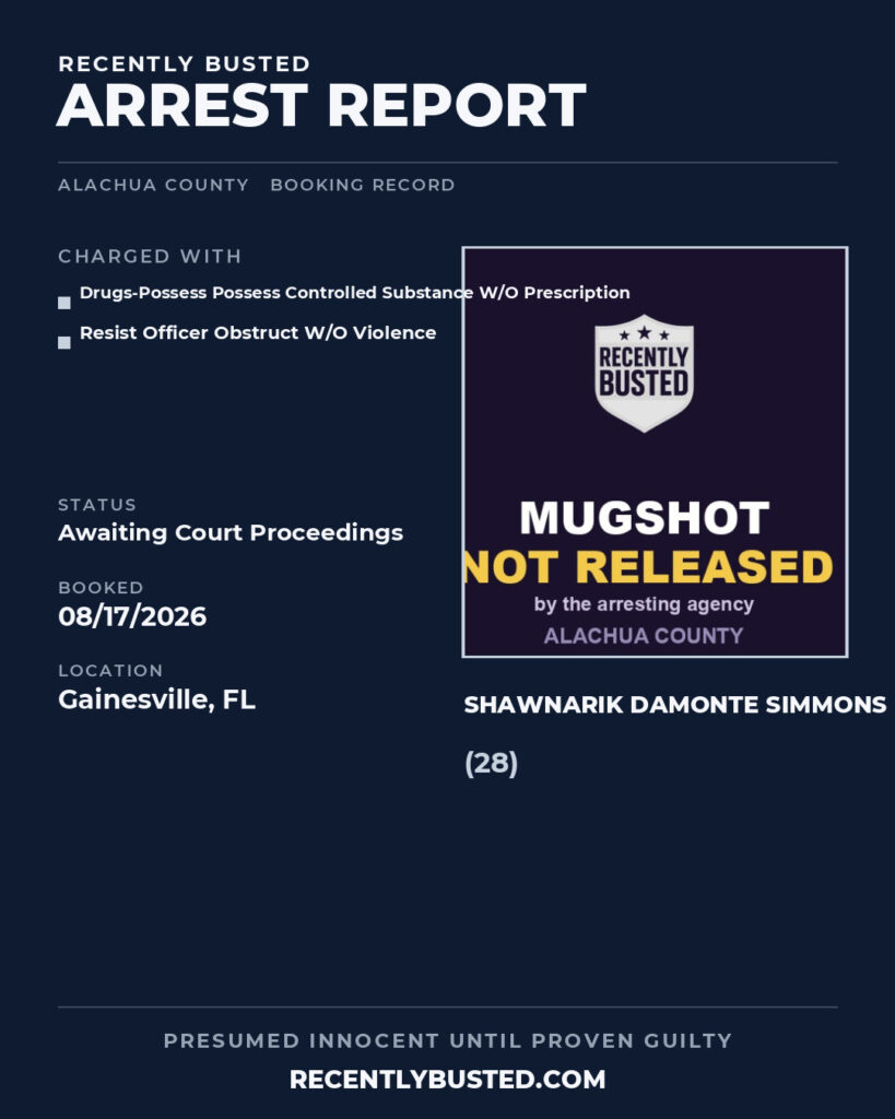 Shawnarik Damonte Simmons — arrest record card, Alachua County, Florida