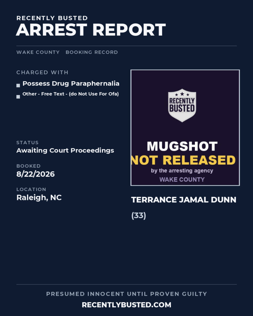 TERRANCE JAMAL DUNN — arrest record card, Wake County, North Carolina