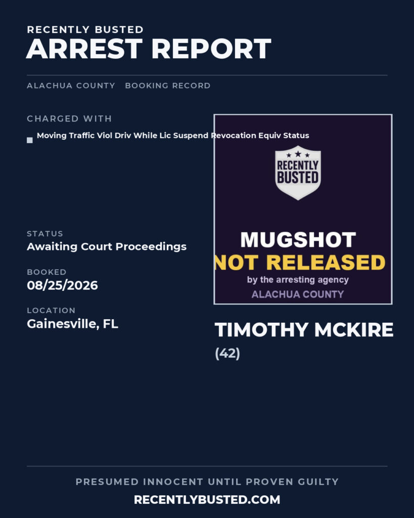 Timothy Mckire — arrest record card, Alachua County, Florida