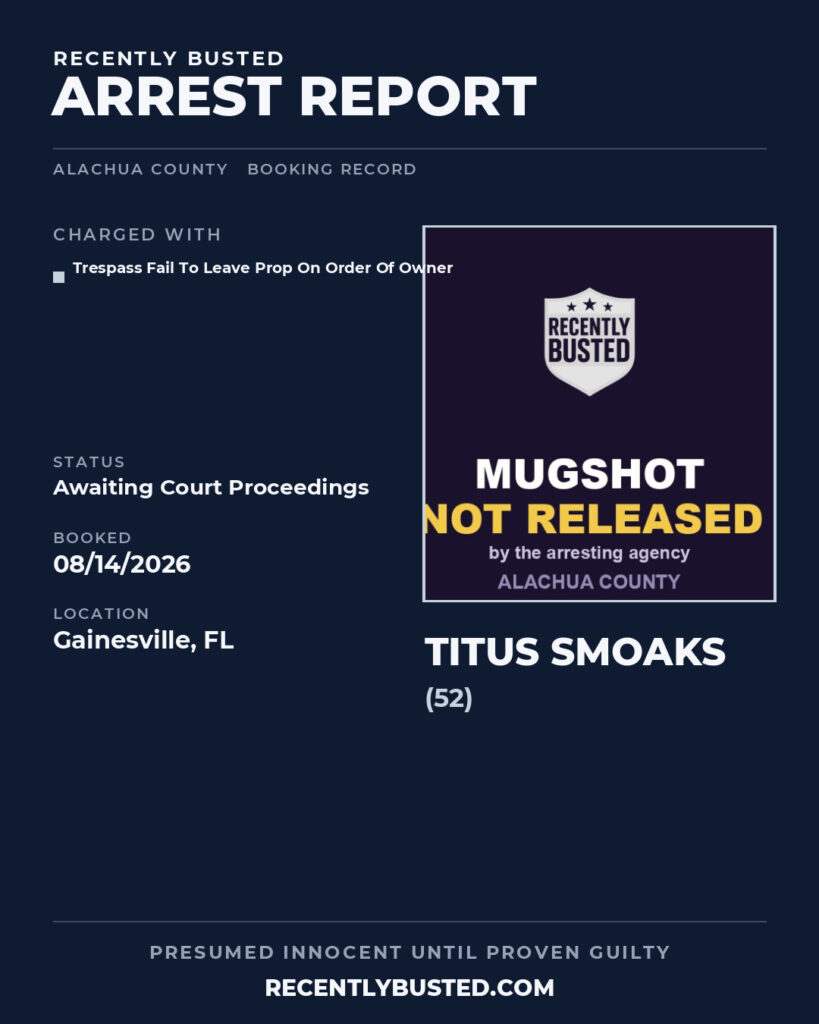 Titus Smoaks — arrest record card, Alachua County, Florida