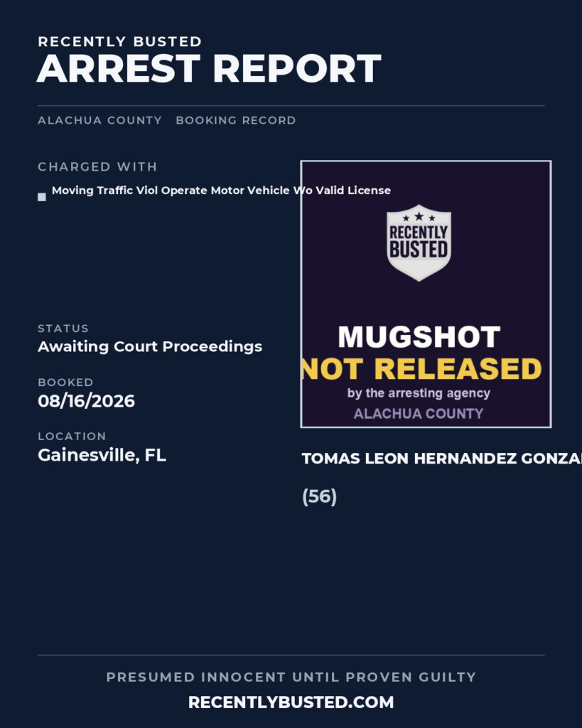Tomas Leon Hernandez Gonzalez — arrest record card, Alachua County, Florida