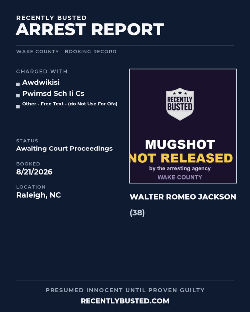 WALTER ROMEO JACKSON — arrest record card, Wake County, North Carolina