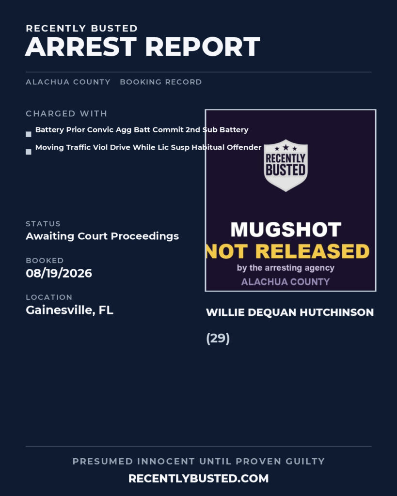 Willie Dequan Hutchinson — arrest record card, Alachua County, Florida