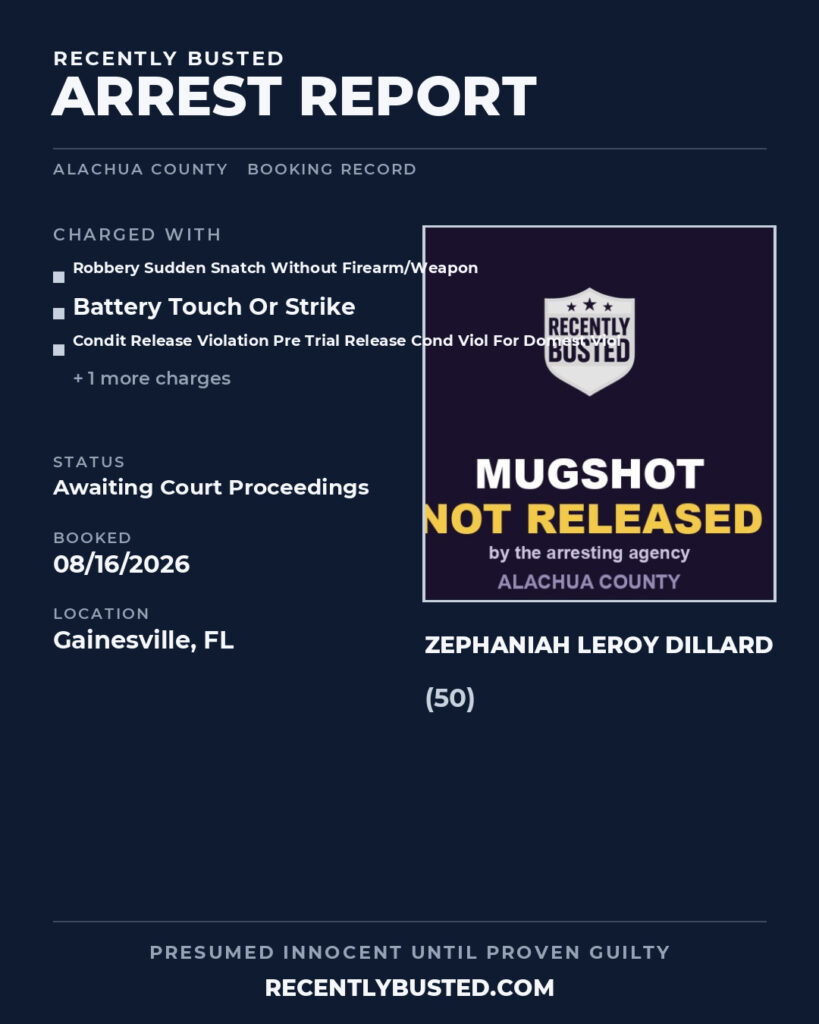 Zephaniah Leroy Dillard — arrest record card, Alachua County, Florida